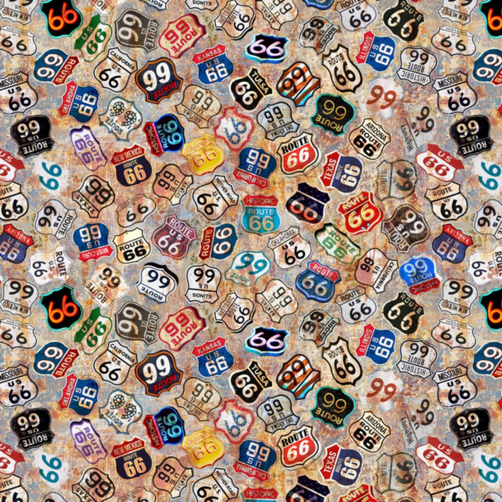Historic Highway Route 66 Signs Cotton Fabric