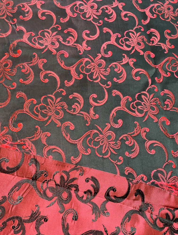 Black with Red Floral Scroll Embossed Brocade Fabric 3 Yards x 45″ Wide