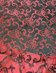 Black with Red Floral Scroll Embossed Brocade Fabric 3 Yards x 45″ Wide