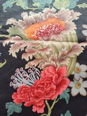 Vtg LEE JOFA CH’IEN LUNG Hand PRINT PEONY CHINOISERIE JACOBEAN FABRIC Navy Zepel