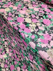 FUCHSIA PINK GOLD Floral Brocade Fabric Sold By The Yard Green Leaves For Dress