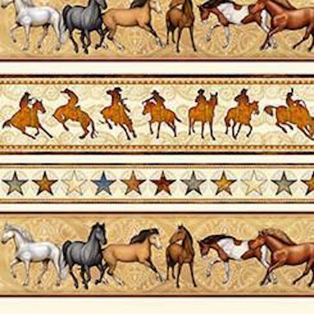 Mustang Sunset Horse Stripe Cream 100% Cotton Fabric by The Yard