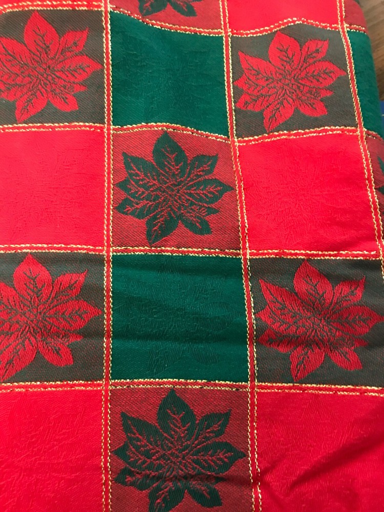 F-2021 344 Christmas Tablecloth Fabric-REd/Green/Gold Thread Poinsettia 78×53″