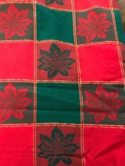 F-2021 344 Christmas Tablecloth Fabric-REd/Green/Gold Thread Poinsettia 78×53″
