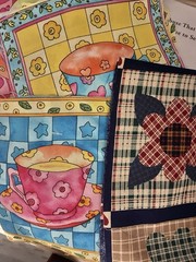 Quilt Print Cheater Fabric, 5”Gingham, Cottage. 13 Bright Tea Cup 6” Squares