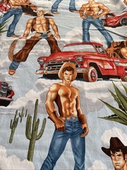 Alexander Henry Wranglers Shirtless Cowboy Fabric Sexy Country Truck Yd Blue
