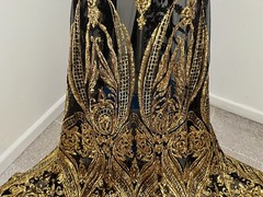 Gold Black 4way stretch sequin Lace fabric 50” Width Sold By The Yard