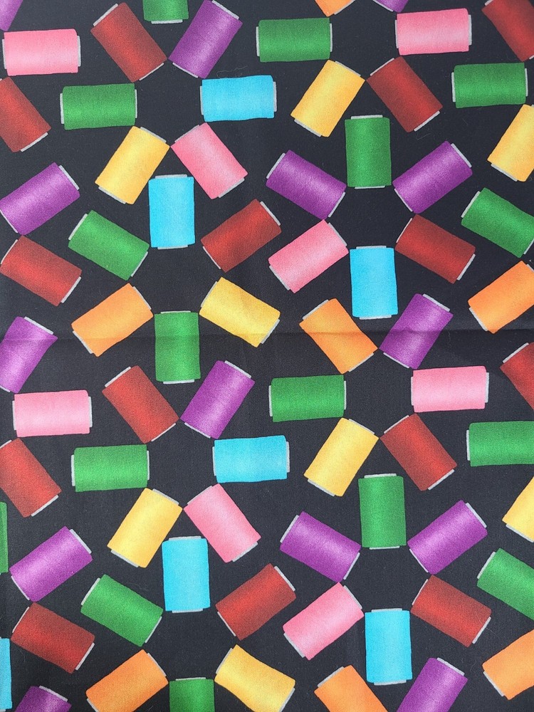 Sewing Theme Fabric Colorful Thread Spools Black Cotton Kanvas Studio Benartex