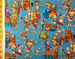 Fiesta De Los Muertos Black & Turquoise Blue Alexander Henry Fabric