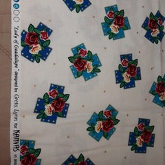 “Lady Of Guadalupe” Fabric 1 Yd Decorative Blue Crosses White Background
