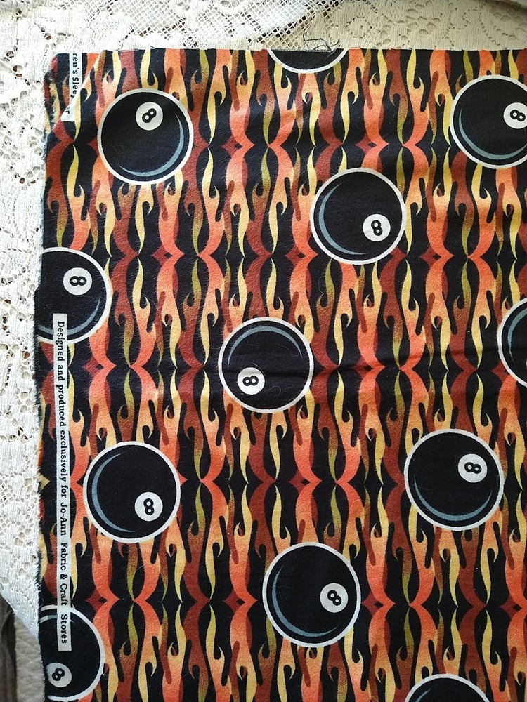 Flames & 8 Ball Cotton Flannel Fabric BTHY Orange Black Pool Game 18×44″