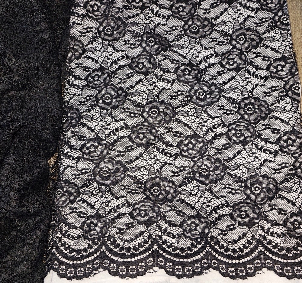 Black Lace Double Roses Double Floral Scalloped Edge Both Sides 2.22 Yds 58” W