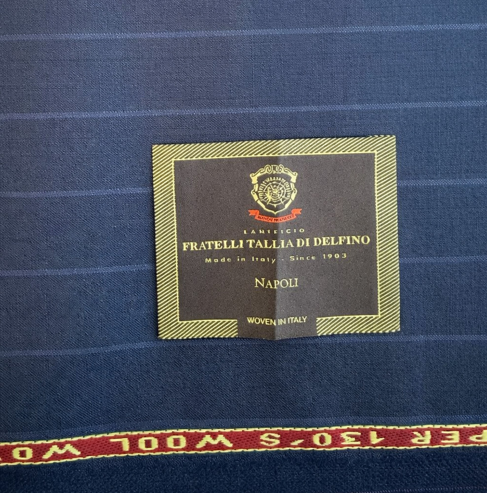 Tallia di Delfino Super 130’s Wool Fabric Navy Stripe 3.5m / 3.8yd Italy Bespoke