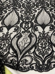 Black Beaded Lace Fabric on Mesh – Luxury Sequin Embroidered Fabric