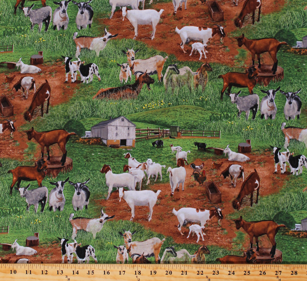 Goats Farm Animals in Pastures Country Green Cotton Fabric Print BTY D687.47