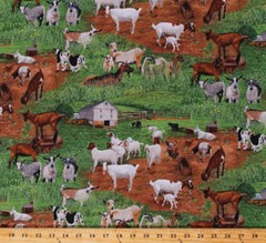 Goats Farm Animals in Pastures Country Green Cotton Fabric Print BTY D687.47