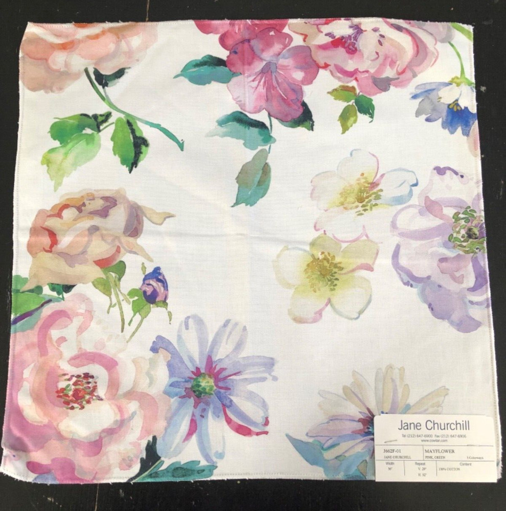JANE CHURCHILL Mayflower in Pink, Green 17 1/2″ Cotton Floral Fabric Sample
