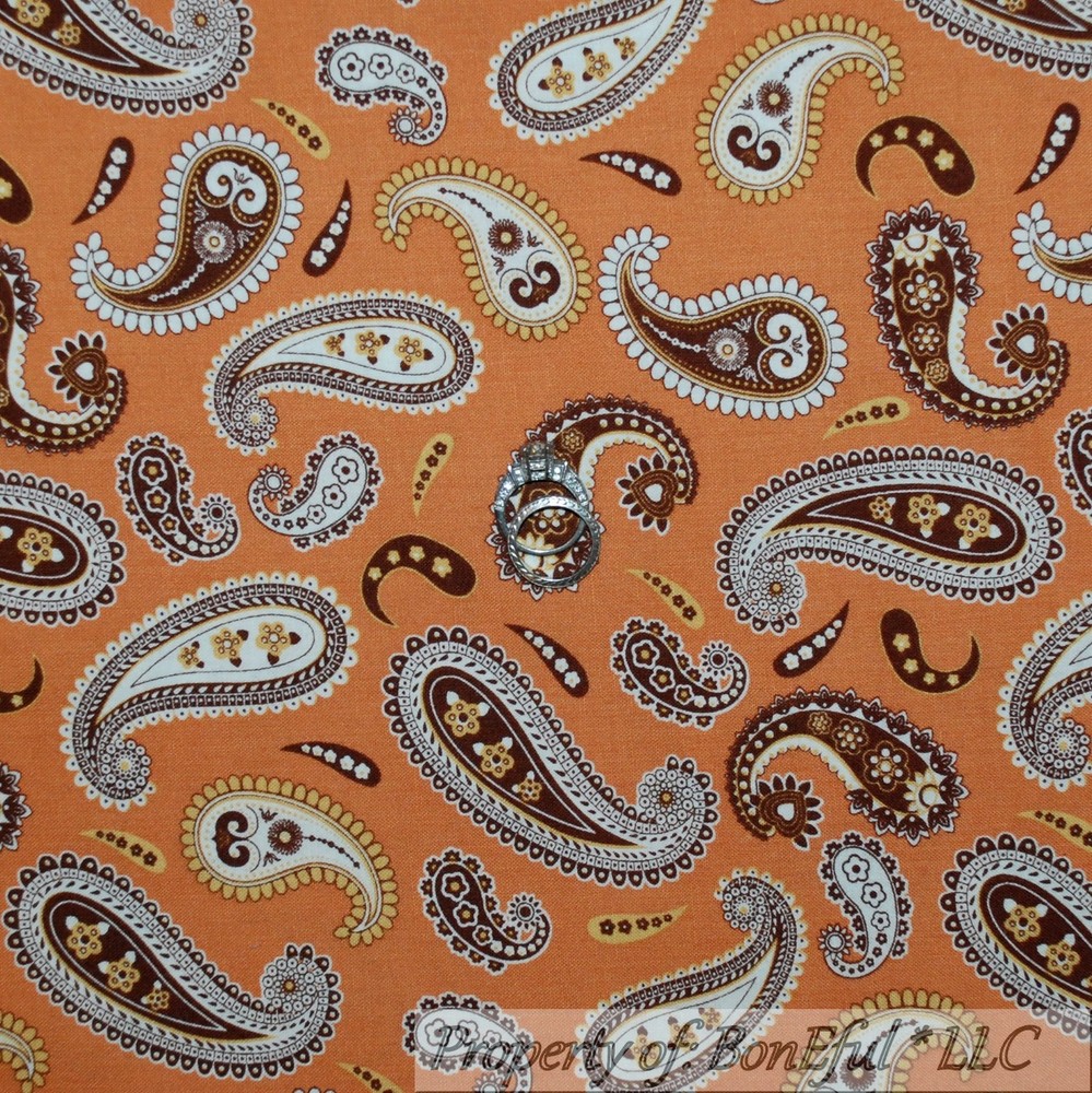 BonEful Fabric FQ Cotton Quilt VTG Orange Cream Brown Boho Paisley Flower Calico