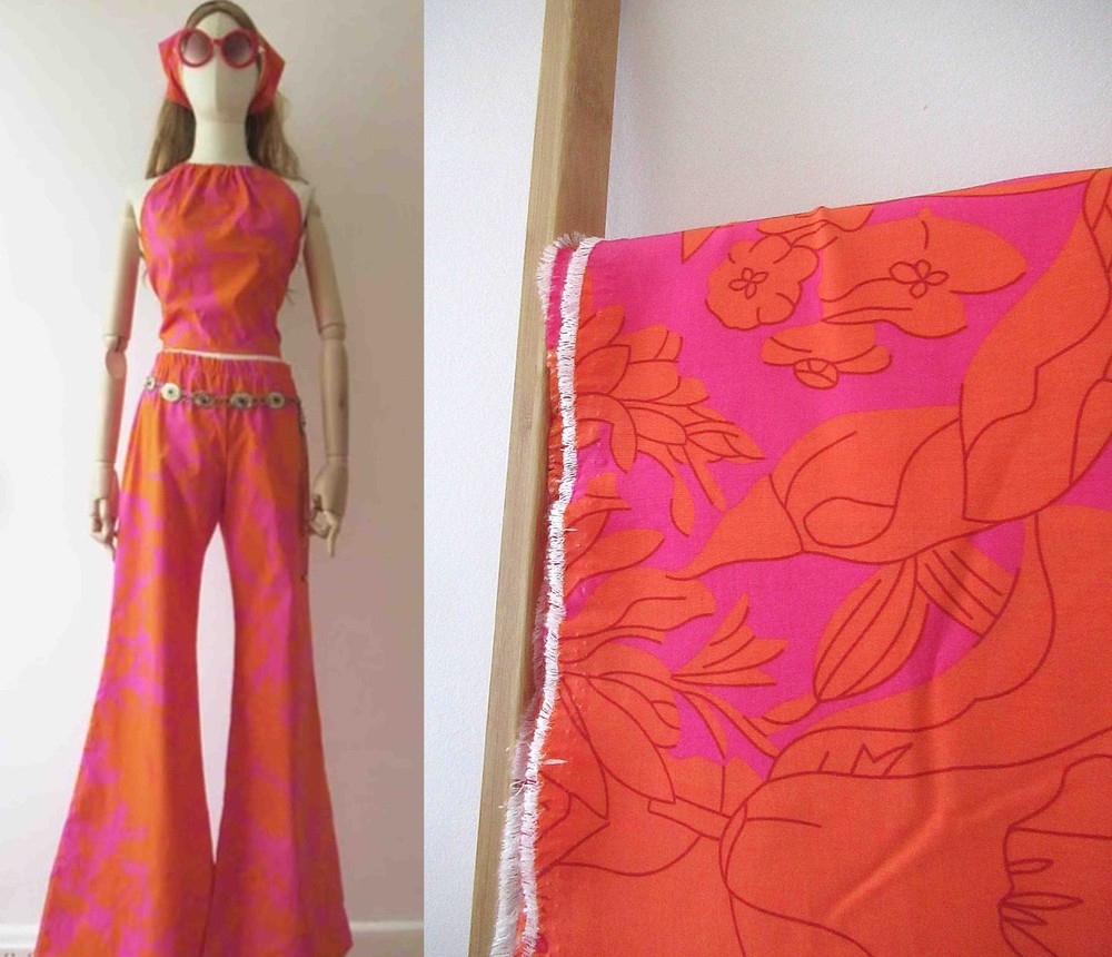 90s does 70s One Way Stretch Pink Orange Floral Spandex 150cm x 5 meters