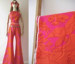 90s does 70s One Way Stretch Pink Orange Floral Spandex 150cm x 5 meters