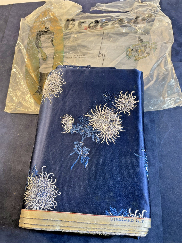 Vtg 1950s Harilela’s Hong Kong Silk Blend Brocade Fabric Blue Silver 5 Yards NOS