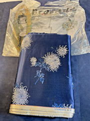 Vtg 1950s Harilela’s Hong Kong Silk Blend Brocade Fabric Blue Silver 5 Yards NOS