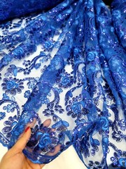 Royal Blue Lace Corded Design Embroidered With Sequins Mesh Lace Fabric By Yard