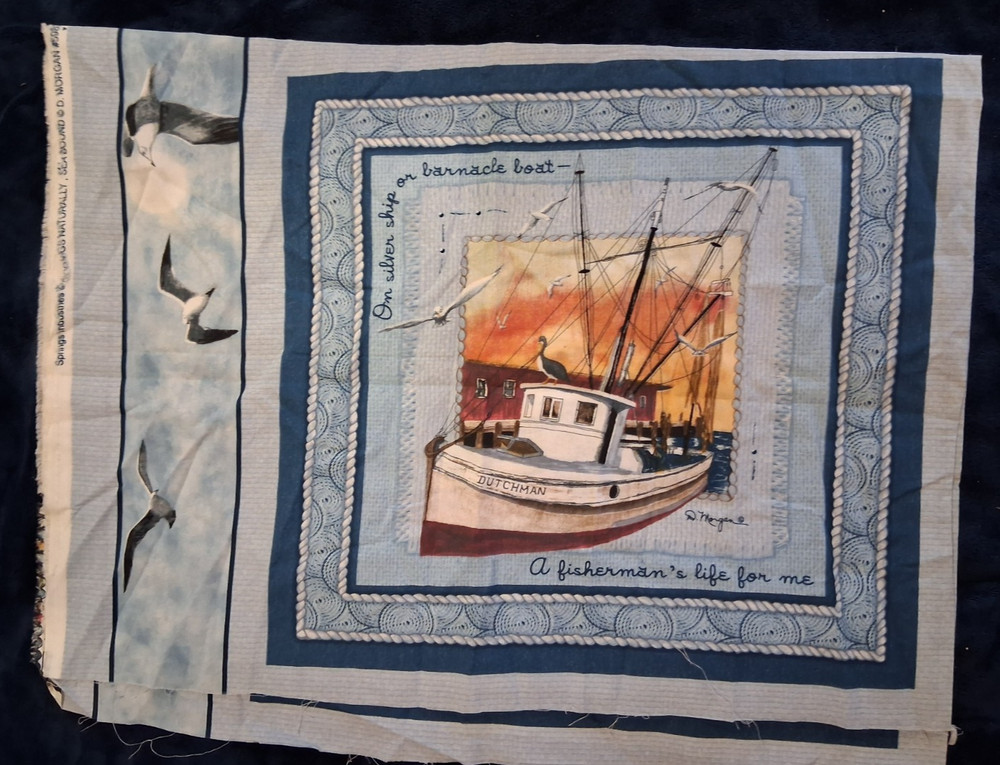 4 Vintage Coastal Fabric Pillow Panels D Morgan Nautical Fishing Boat Seagulls