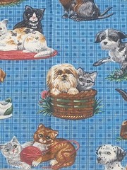 1 5/8 yds VTG Dogs Cats Kittens Puppies Blue Novelty Fabric Cotton Blend