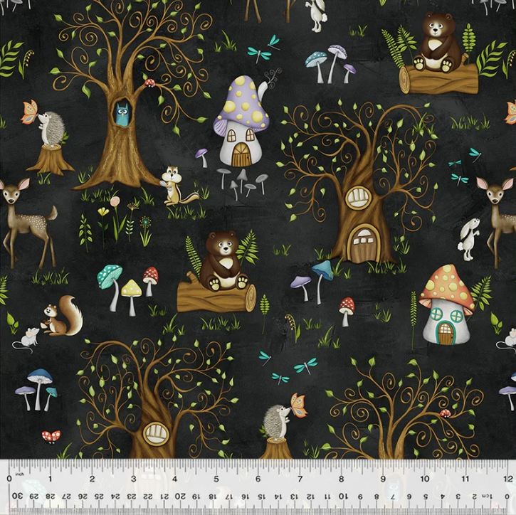 Cotton Enchanted Woods Woodland Animals Trees Black Fabric Print by Yard D780.19