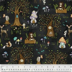 Cotton Enchanted Woods Woodland Animals Trees Black Fabric Print by Yard D780.19