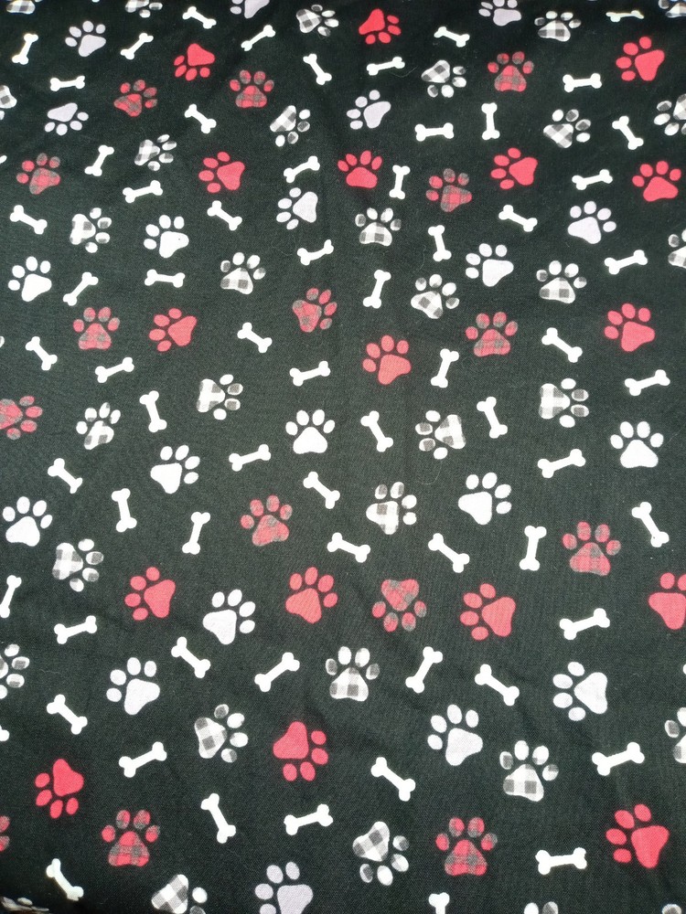 Hobby Lobby Fabrics Black Background Red/Gray Paws White Bones 2 Yards x 42″
