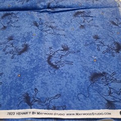 Yehaw Blue Cotton Fabric 1 Yd Maywood Studio Cowboys Rodeo Horses Quilting
