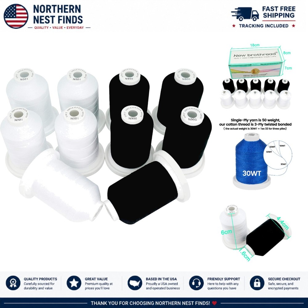 100% Mercerized Cotton Threads, 600M Spools for Quilting, Sewing & Embroidery