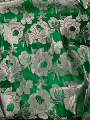 Large Kelly Green & Silver Flowers – Faux Silk Brocade Jacquard Fabric