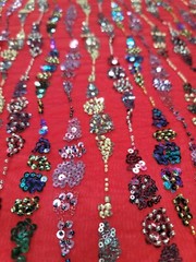 Fabric Sold By The Yard Red Beaded Lace Sequin Floral Embroidery Mesh For Dress