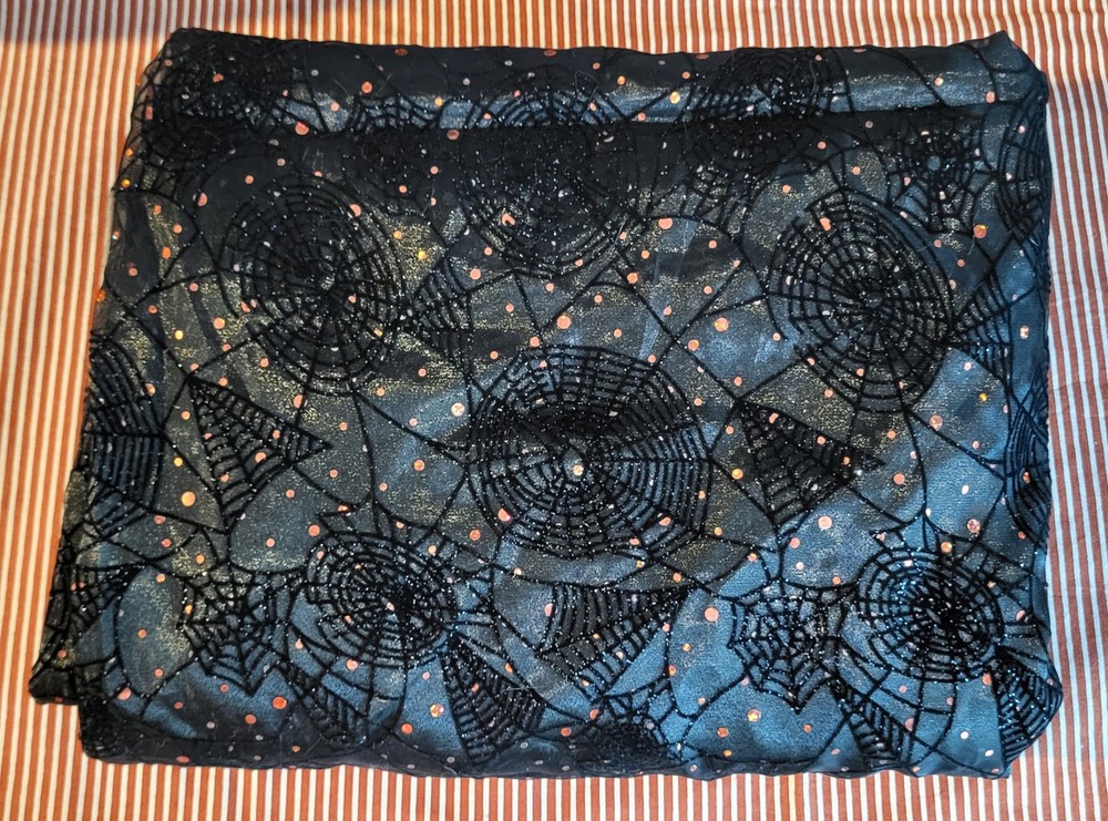 Spellbound Sparkle Spider Web Lace Fabric – Black/Orange – Halloween, JoAnn