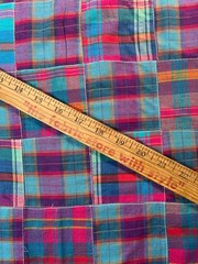 Fabric -Madras Woven Plaid Patchwork Sewn 3×3 Squares Grunge Indie Boho Sold BTY