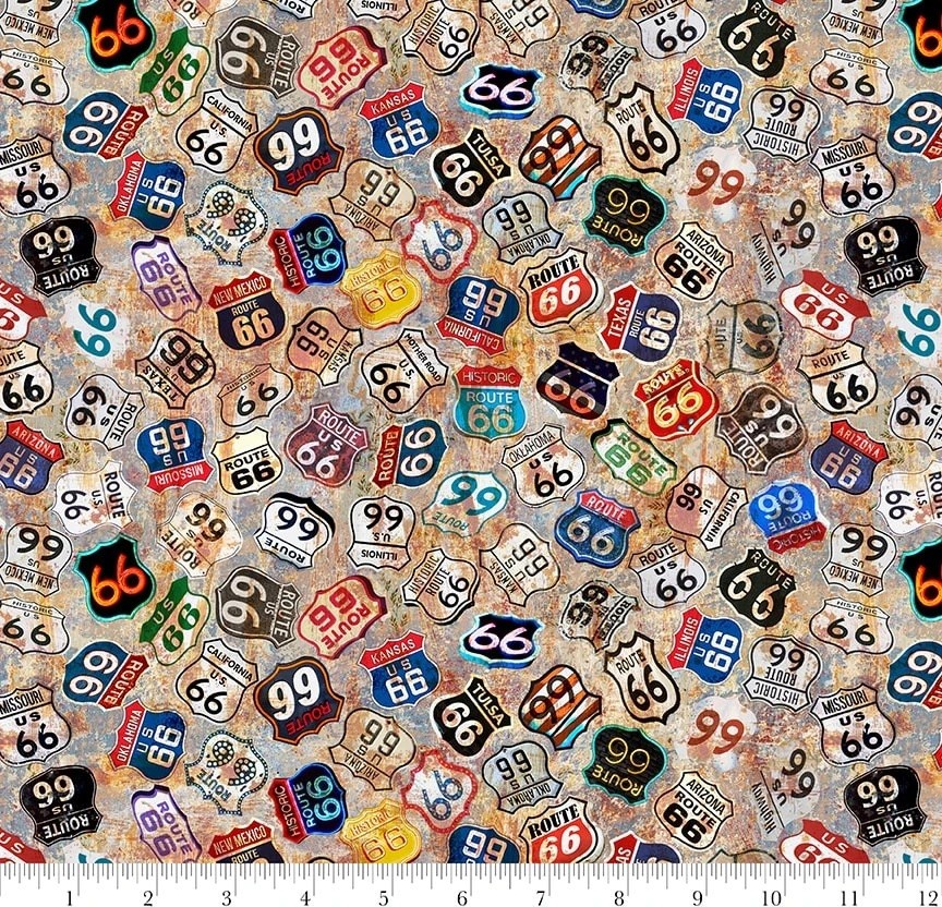 Travel Fabric | Historic Highway Route 66 Road Sign Toss | Blank Quilting YARD