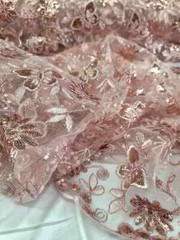 “Blush Pink Lace with Butterfly Embroidery and Sparkle – Quinceañera Fabric