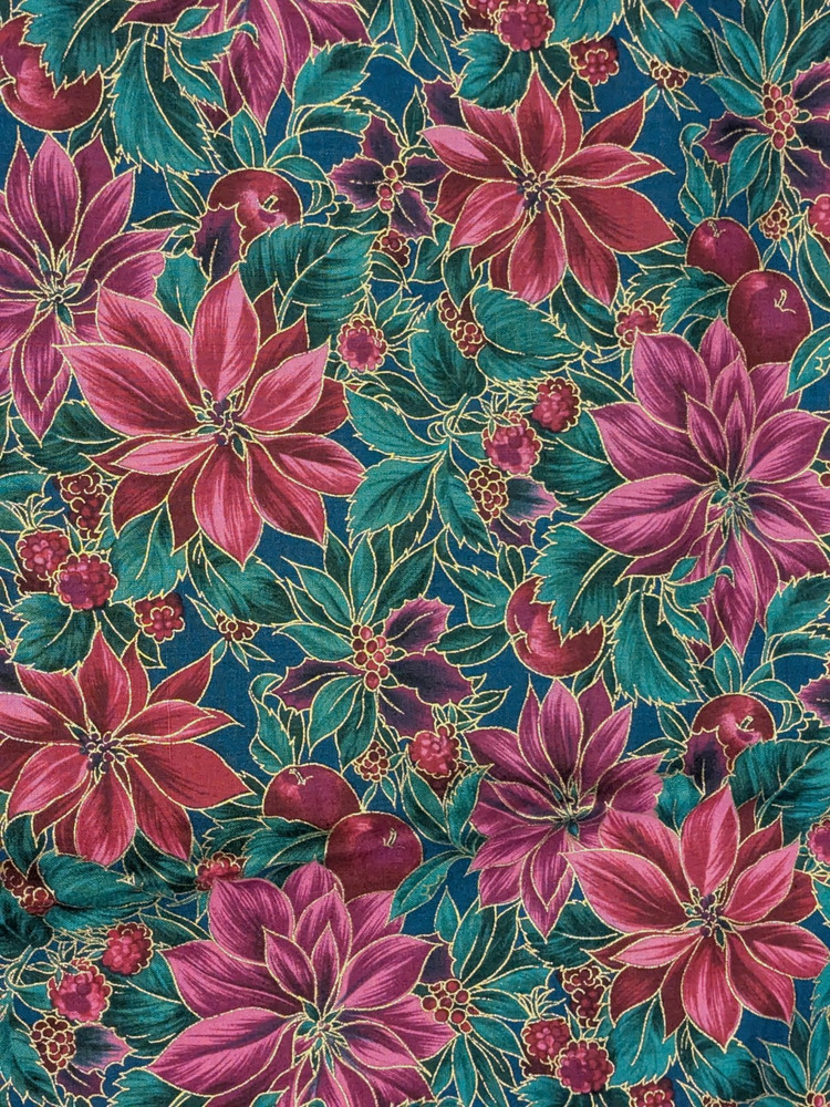 Hoffman Poinsettia Gold Edge Fabric Dark Pink Teal 1 yard + 22” VTG 58” wide