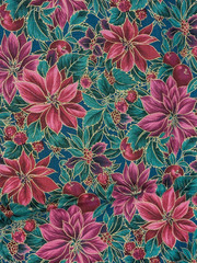 Hoffman Poinsettia Gold Edge Fabric Dark Pink Teal 1 yard + 22” VTG 58” wide