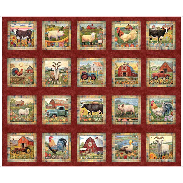 Farm Rooster Barn Fabric 36″ X44″ Panel Heartland Farm Rustic Red Cotton by QT