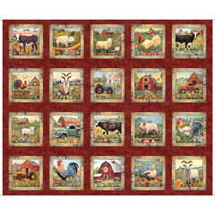 Farm Rooster Barn Fabric 36″ X44″ Panel Heartland Farm Rustic Red Cotton by QT