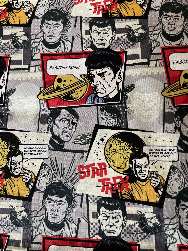 STAR TREK Spock KIRK Sulu CHEKOV Camelot Cotton Fabric Comic Quote Graphic BTY