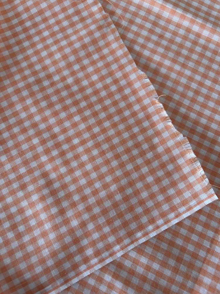 .75 yard of Pastel Peach Check Cotton (? Blend) Semi-Sheer Fabric 44″ wide