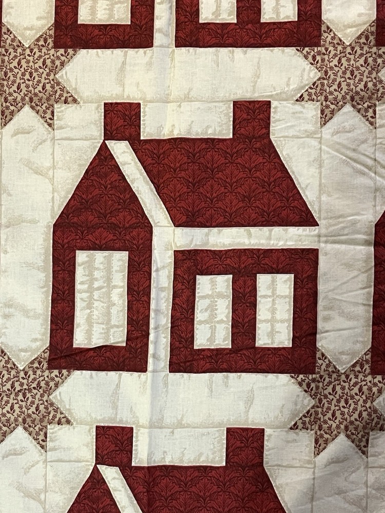 Vintage Red House Cheater Quilt Top. Cotton 10”x10” house. 7’ x 4 1/2’