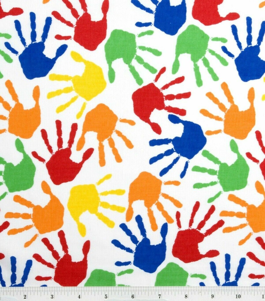 FAT QUARTER FABRIC PAINTED HANDS HAND PRINTS COLORFUL FUN NOVELTY COTTON FQ