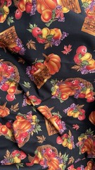 Fall Pumpkin Leaves Grapes Cornucopia Fabric w Gold 4.4 Yards Lot Fruit Fabric