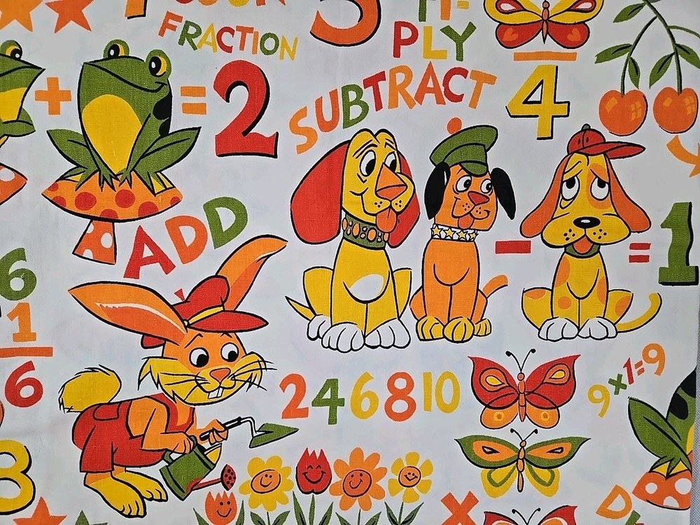 Vtg House ‘N Home Fabrics Children’s Novelty Fabric 1.1 Yd Math Theme Dogs Frogs